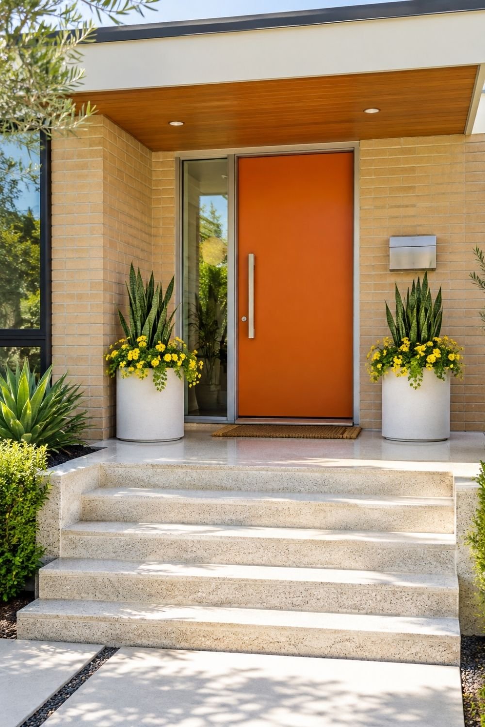 12. Mid-Century Modern Front Entrance Pairs a Bold Orange Door with Simple White Planters and Wide Stone Stairs