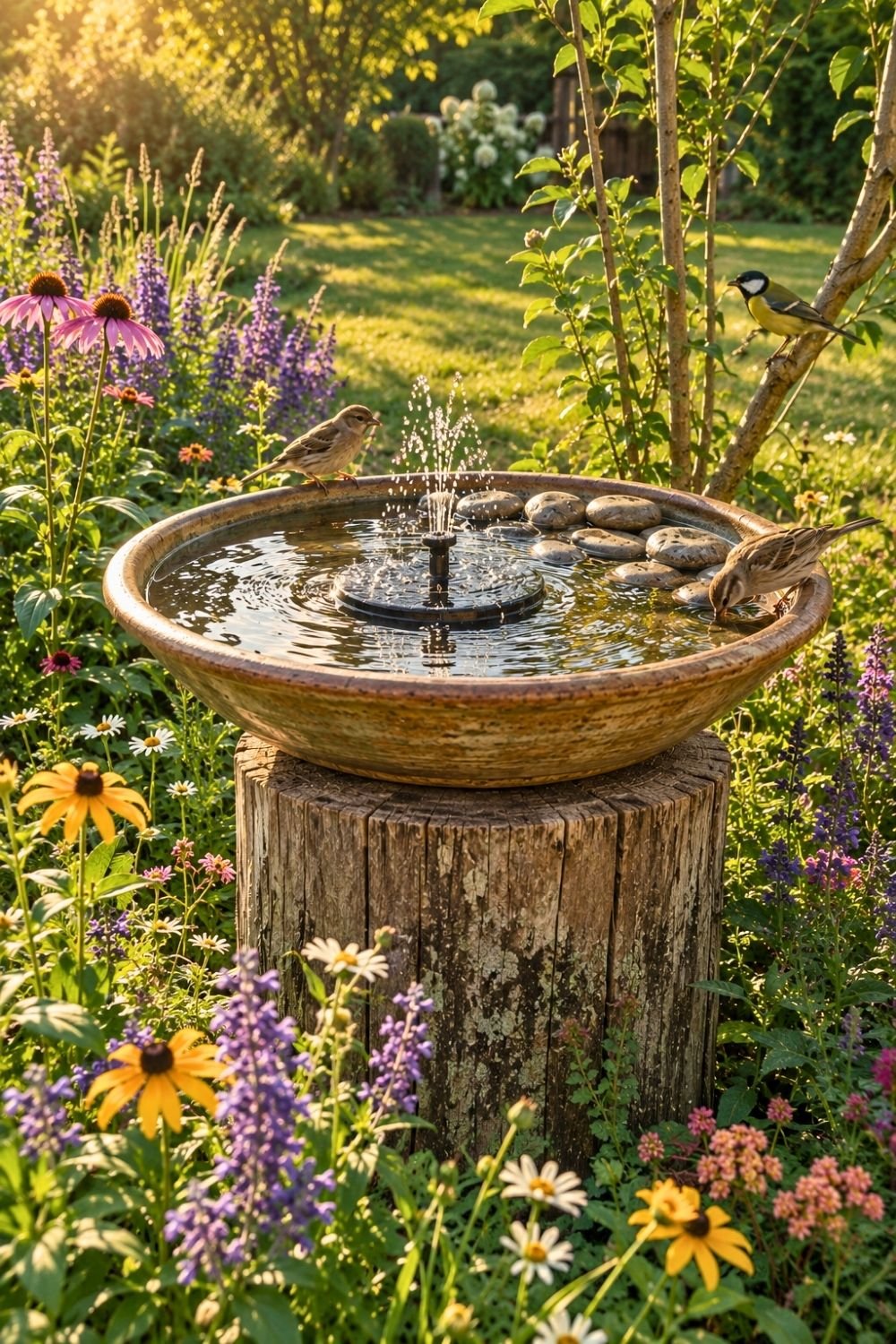 12. Tree Stump Pedestal Holds a Bubbling Birdbath Where Backyard Birds Gather Among Wildflowers