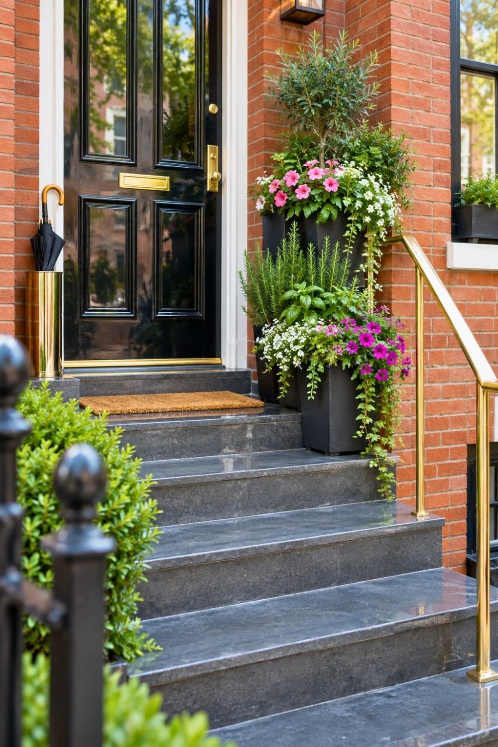 13. Classic Brick Home Entryway Features a Glossy Black Door, Polished Stone Stairs, and Tiered Flower Planters