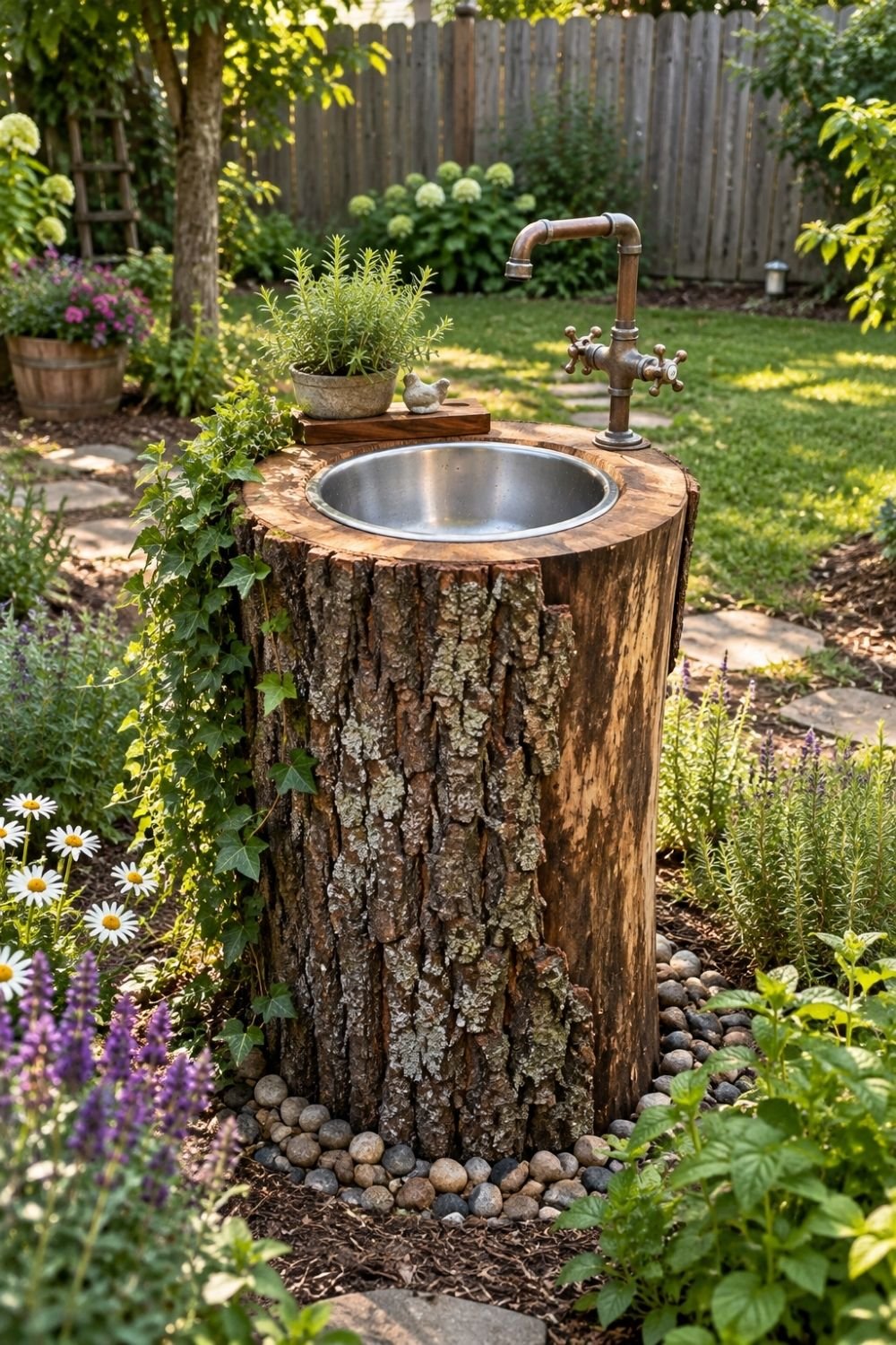 13. Weathered Tree Stump Supports a Rustic DIY Garden Sink With a Vintage Faucet and Fresh Herbs