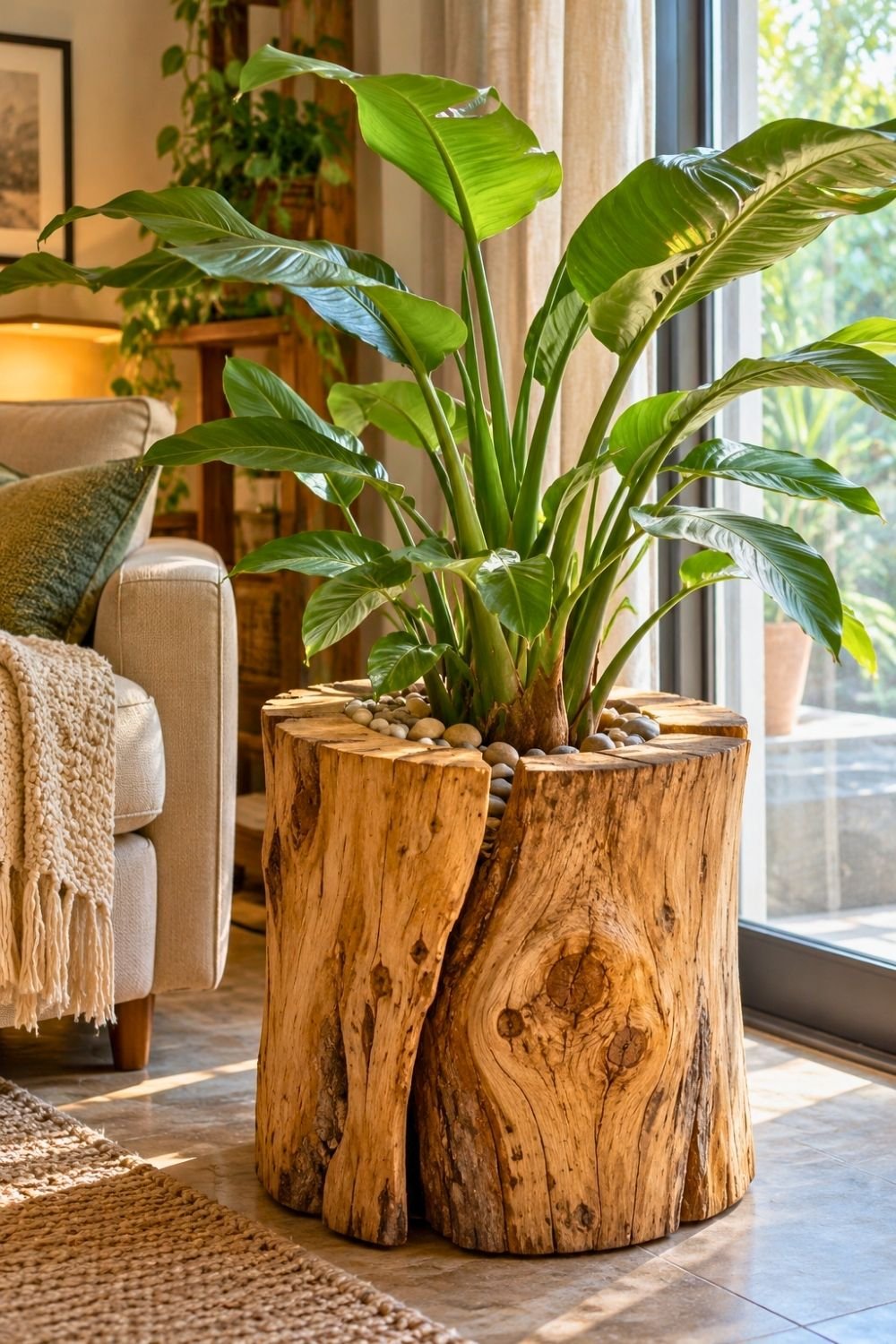 14. Hollowed Wood Log Creates a Striking DIY Indoor Planter for a Large Tropical Houseplant