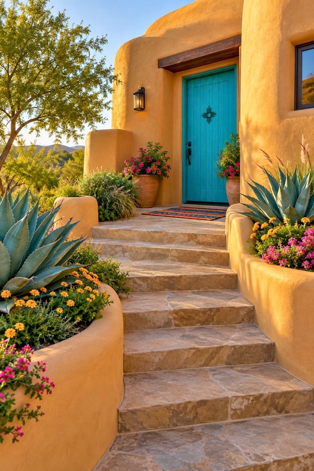 14. Southwestern Outside Front Entryway Showcases a Turquoise Door, Adobe Walls, Stone Stairs, and Desert Plants
