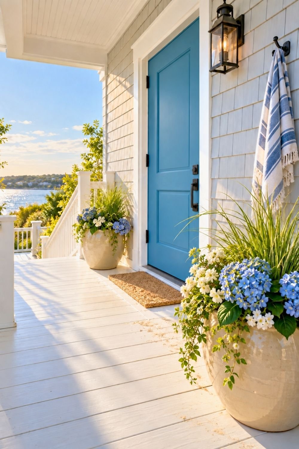 15. Coastal Front Porch Entryway Features a Soft Blue Door, White Railings, and Oversized Hydrangea Planters