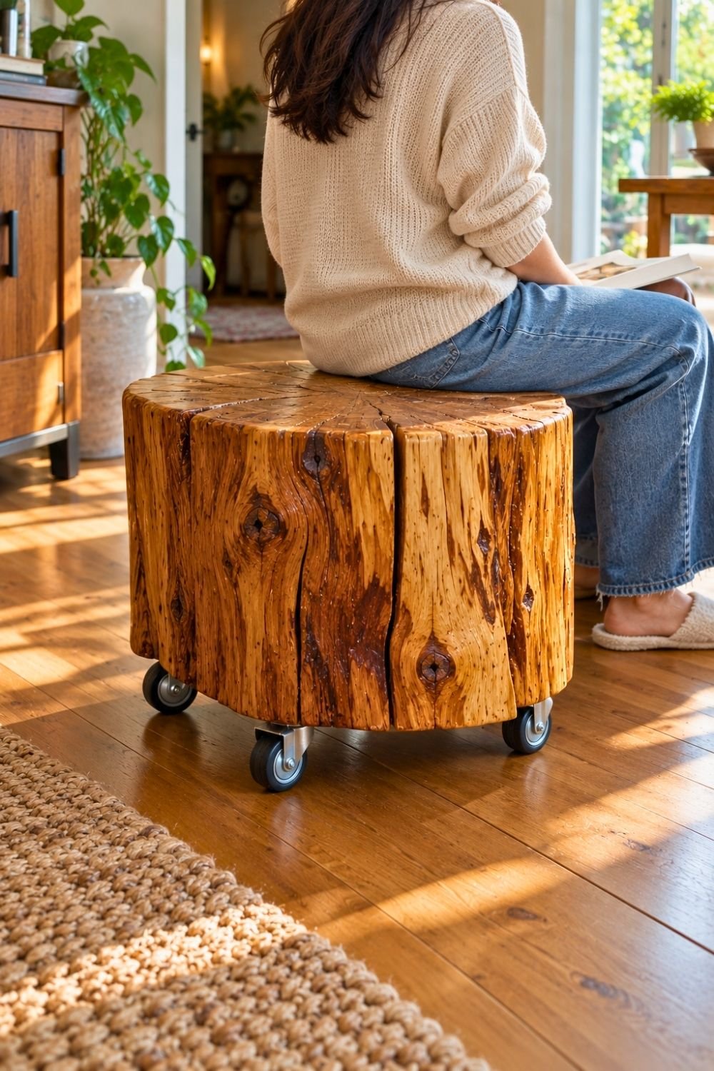 15. Polished Tree Stump on Caster Wheels Creates a Practical DIY Rolling Seat for the Living Room