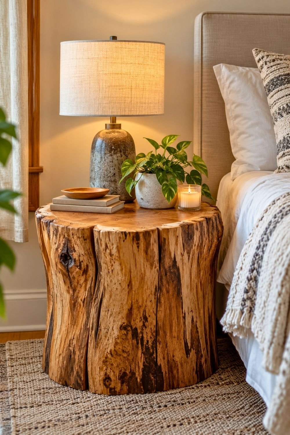 16. Chunky Tree Stump Serves as a Natural DIY Nightstand Styled With a Lamp, Books, and Greenery