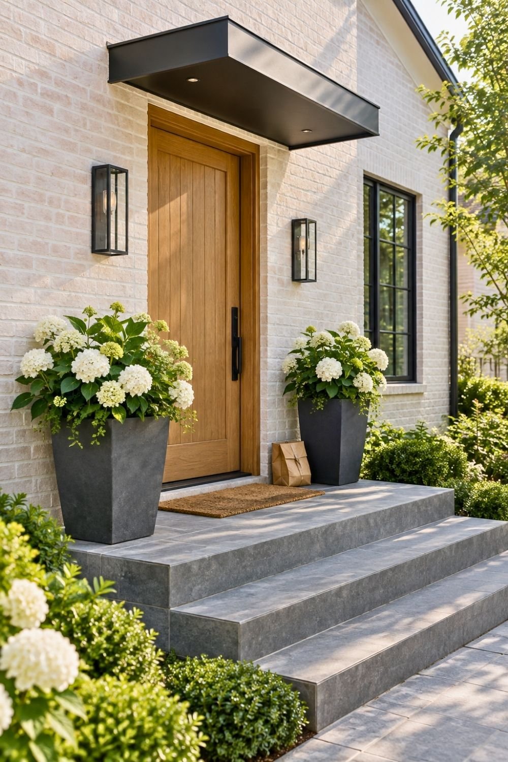 16. Contemporary Front Entryway Features a Natural Wood Door, Gray Stone Stairs, and Black Hydrangea Planters
