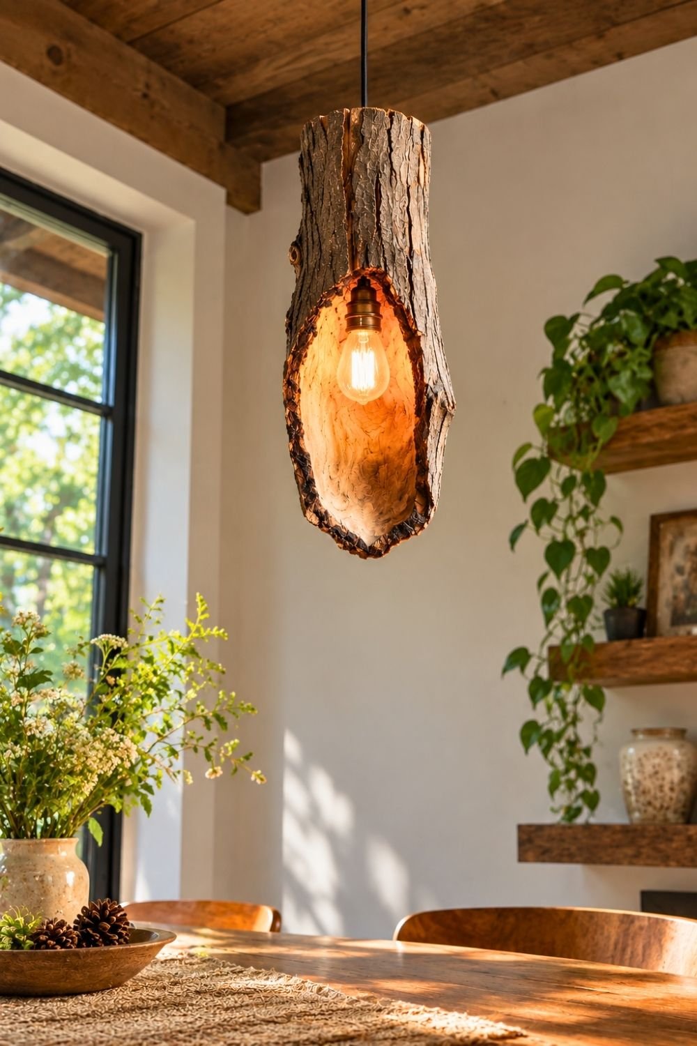 17. Hollow Tree Log Pendant Casts a Warm Glow Over a Rustic DIY Dining Space