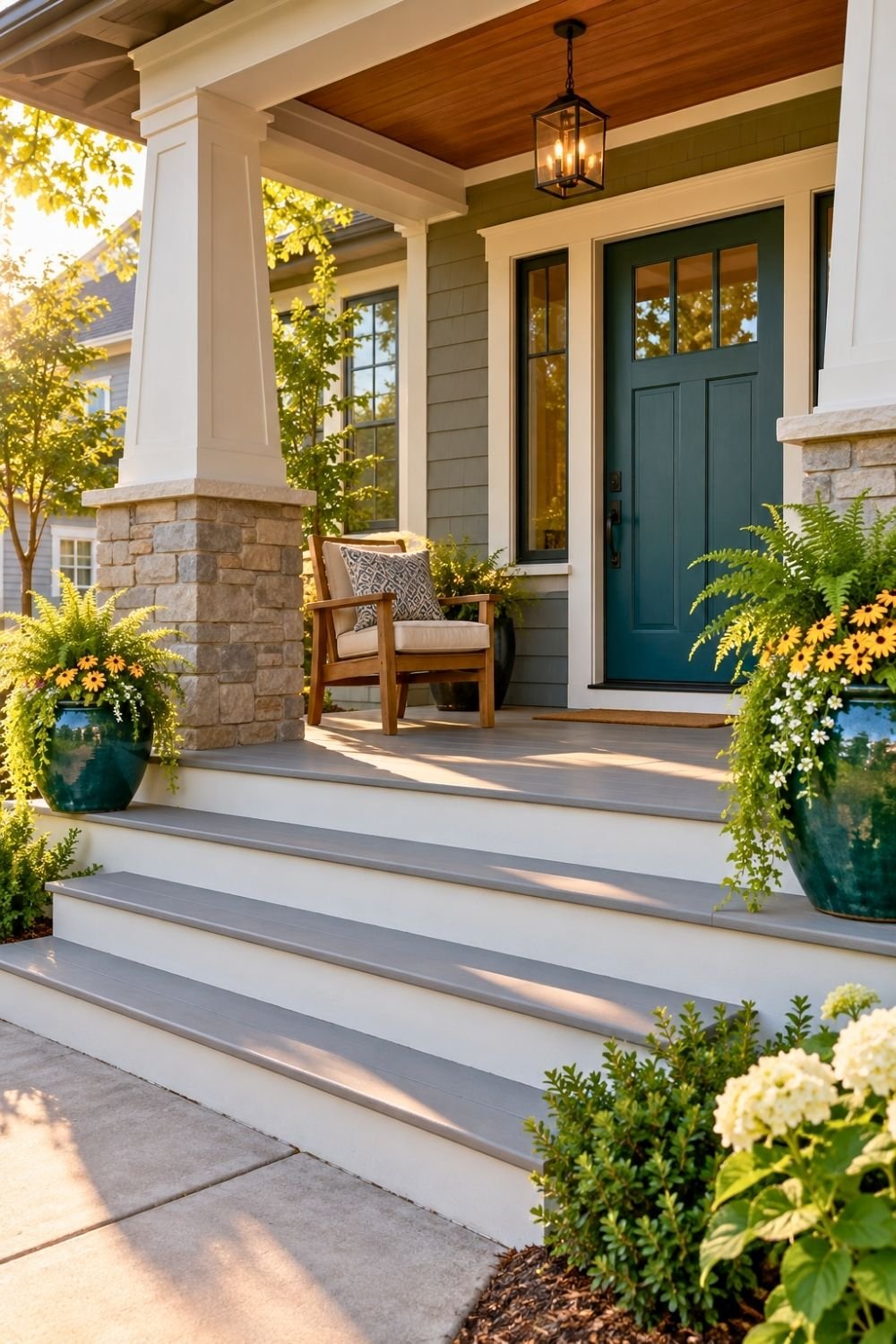 18. Craftsman Front Porch Entryway Features a Deep Green Door, Stone Columns, and Large Ceramic Flower Pots