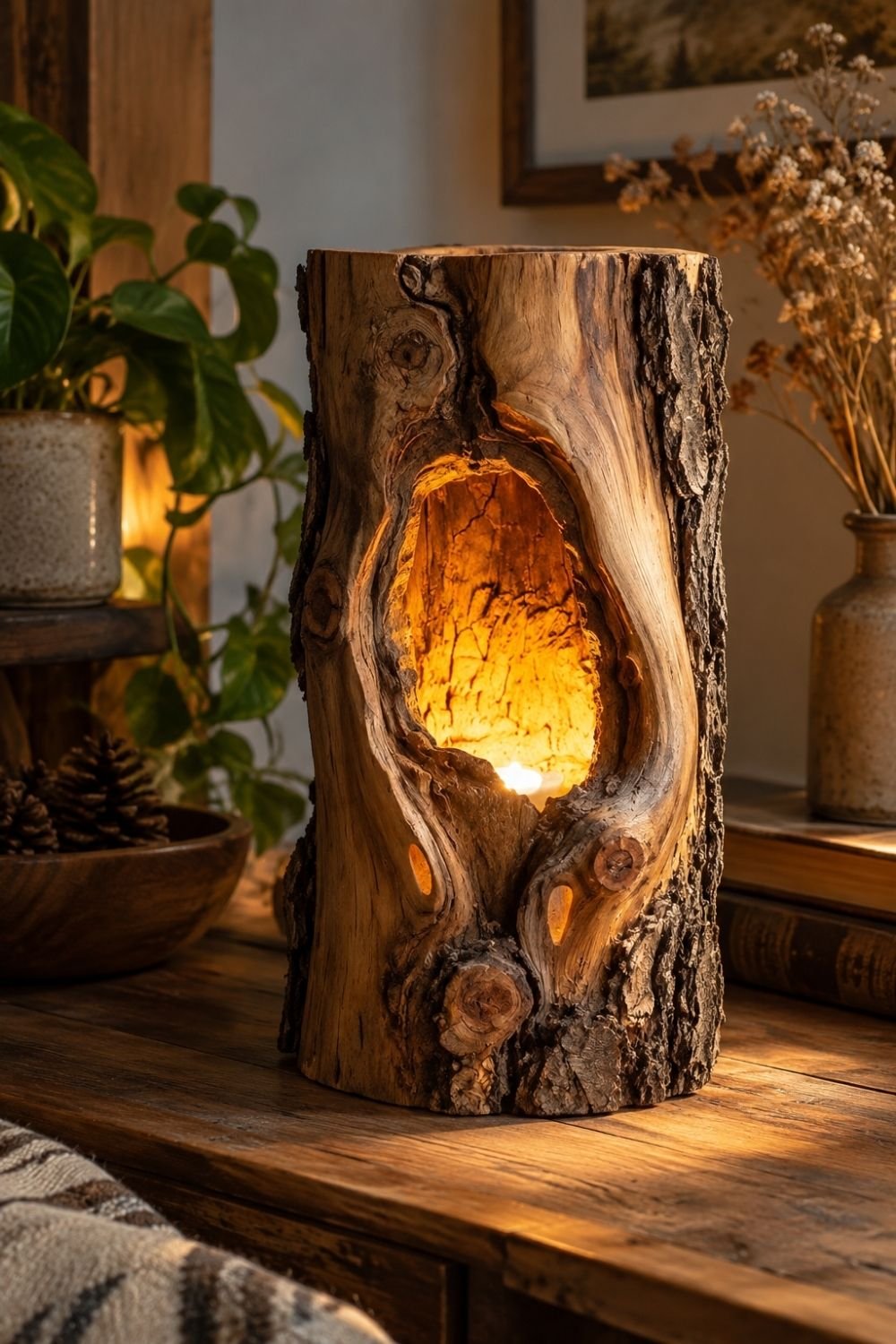 18. Sculptural Wood Log Light Turns a Natural Hollow Into a Cozy DIY Tabletop Accent
