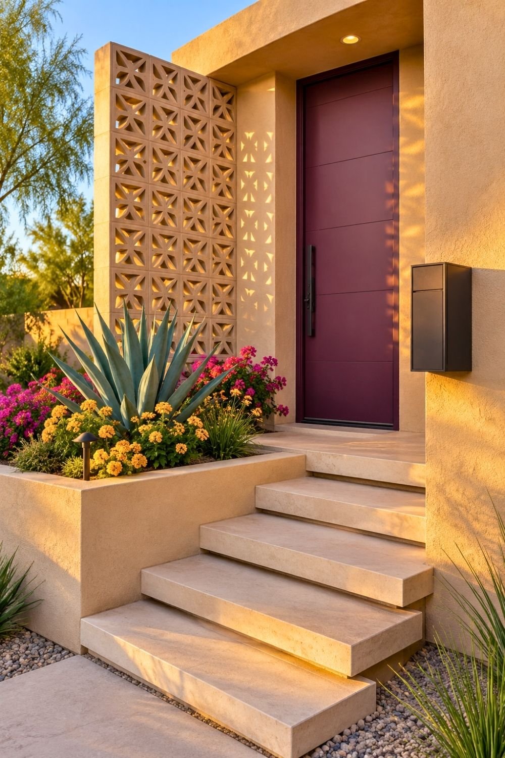 19. Mid-Century Desert Entryway Pairs a Burgundy Door with Floating Stone Stairs and Colorful Drought-Tolerant Plants