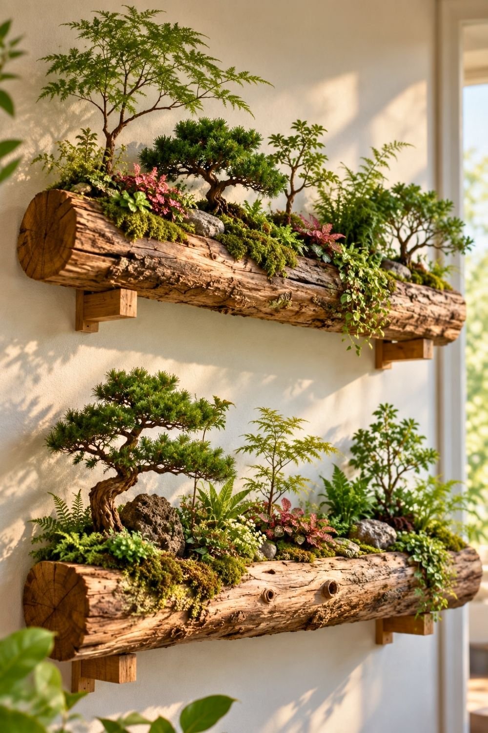 19. Wall-Mounted Tree Logs Hold Miniature Bonsai Gardens for a Creative DIY Indoor Plant Display