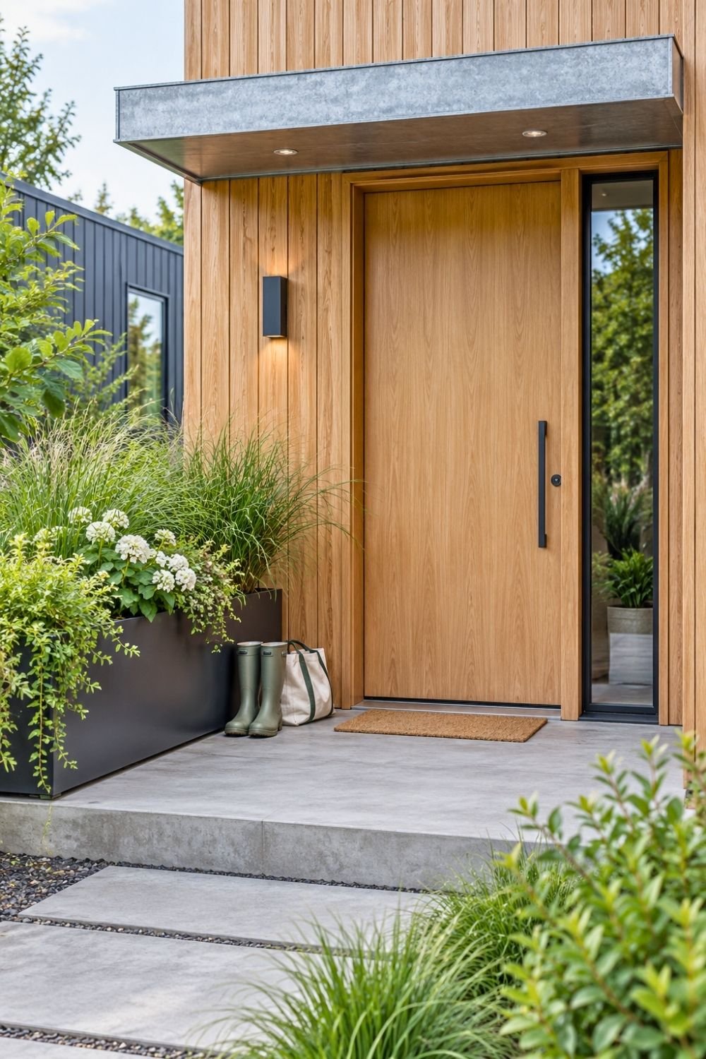 2. Modern Outside Front Entryway Pairs a Warm Wood Door with Sleek Black Planters