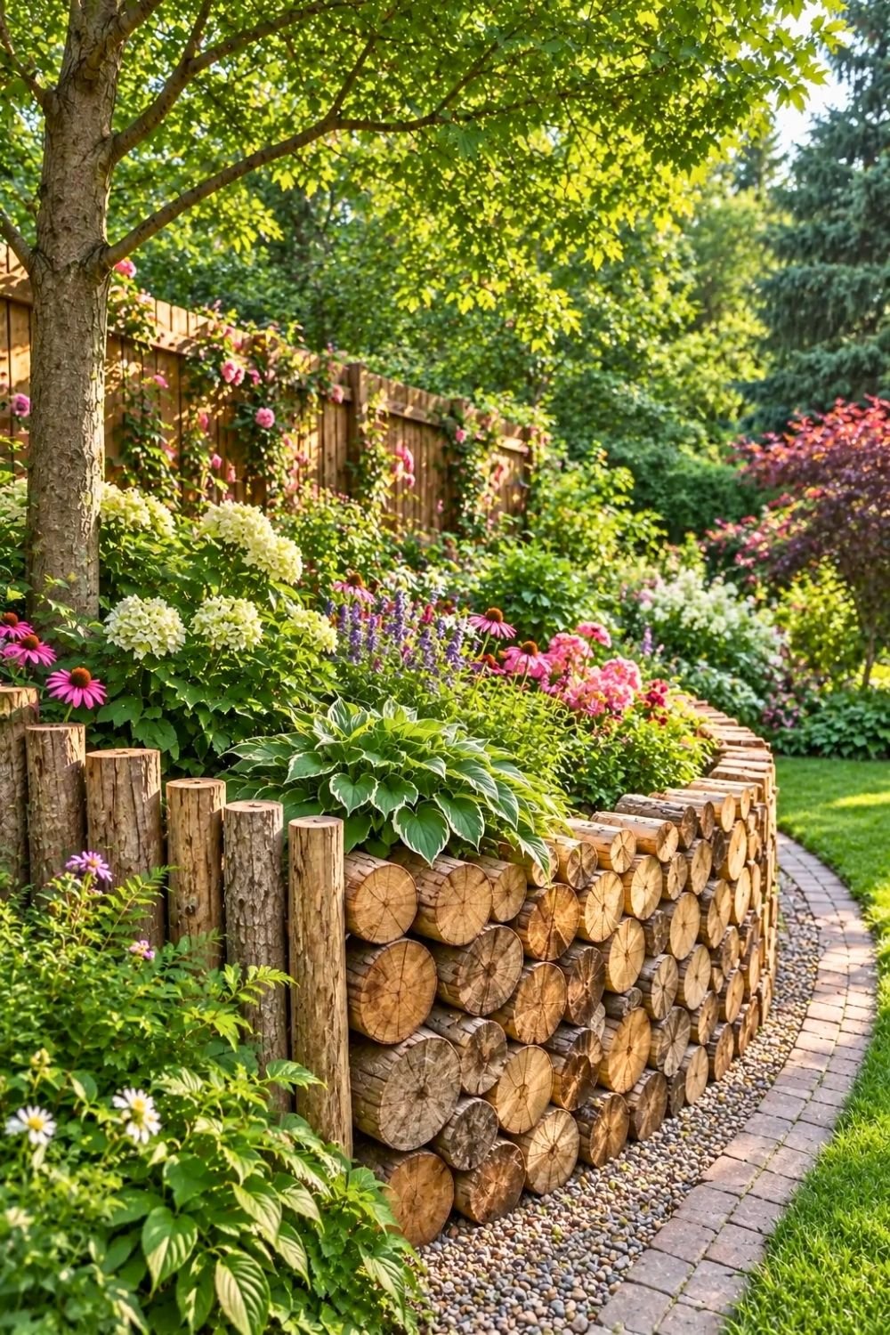 2. Stacked Wood Logs Form a Raised DIY Garden Wall Around a Lush Backyard Flower Bed