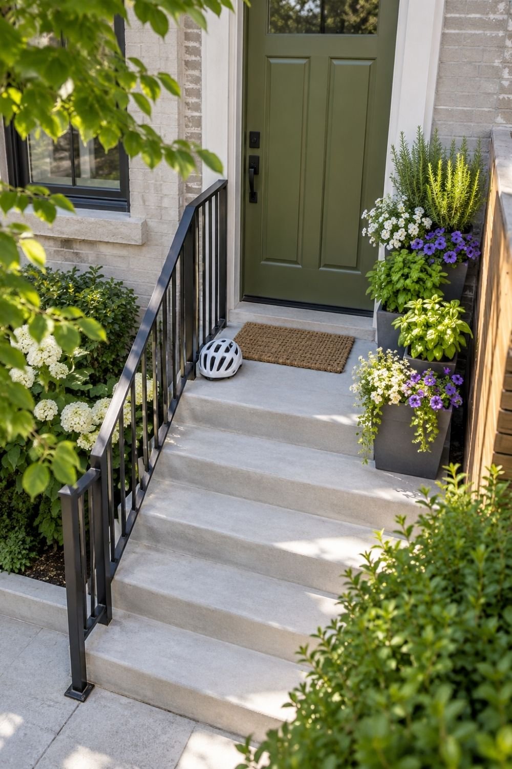20. Simple Small Front Entryway Features an Olive Green Door, Concrete Stairs, and Tiered Flower Planters