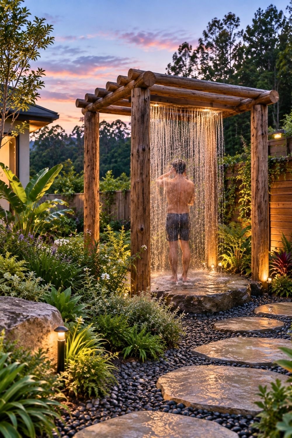 20. Timber Log Frame Creates a Relaxing DIY Outdoor Shower Surrounded by Lush Backyard Landscaping
