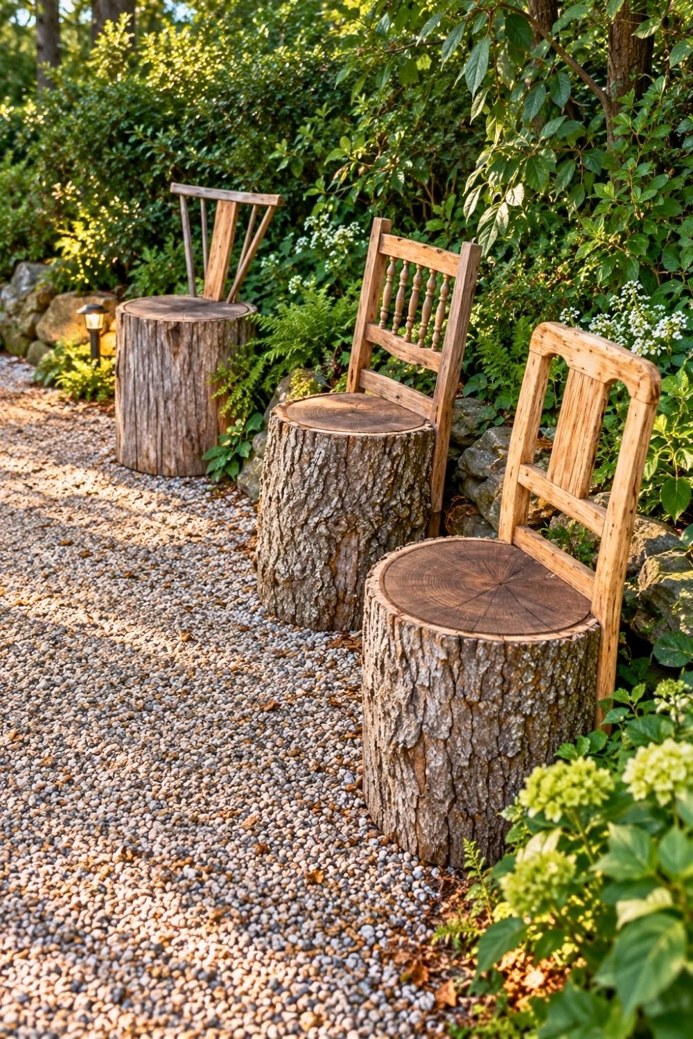21. Rustic Log Chairs Create a Handmade DIY Seating Corner Along a Shaded Garden Path