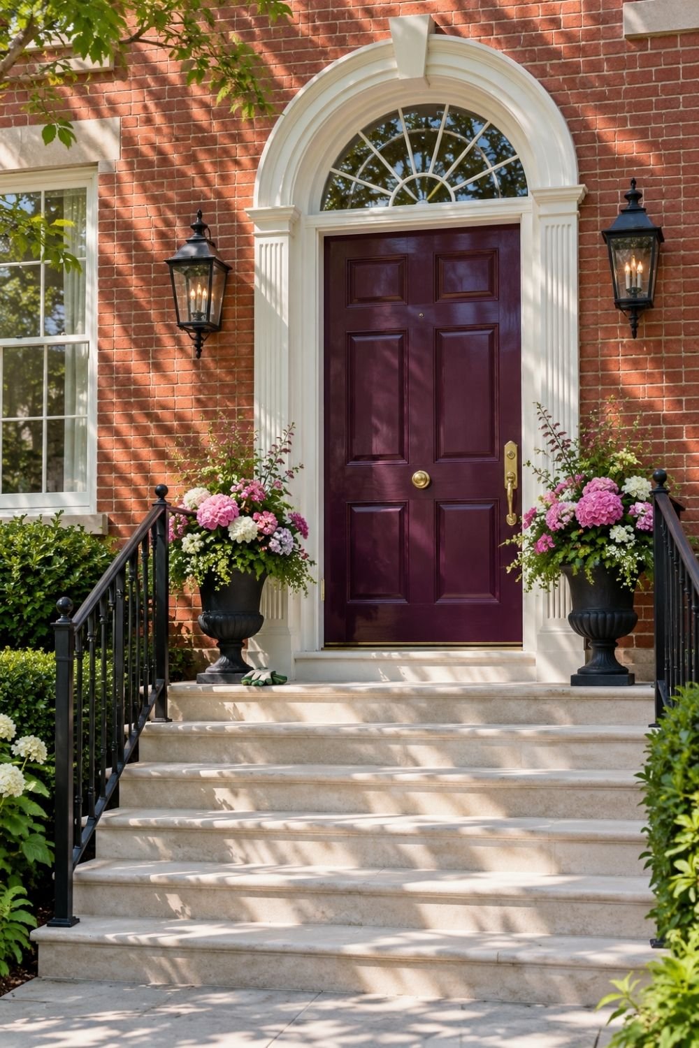21. Traditional Brick Home Entrance Features a Burgundy Front Door, Arched Transom Window, Stone Stairs, and Flower-Filled Urn Planters
