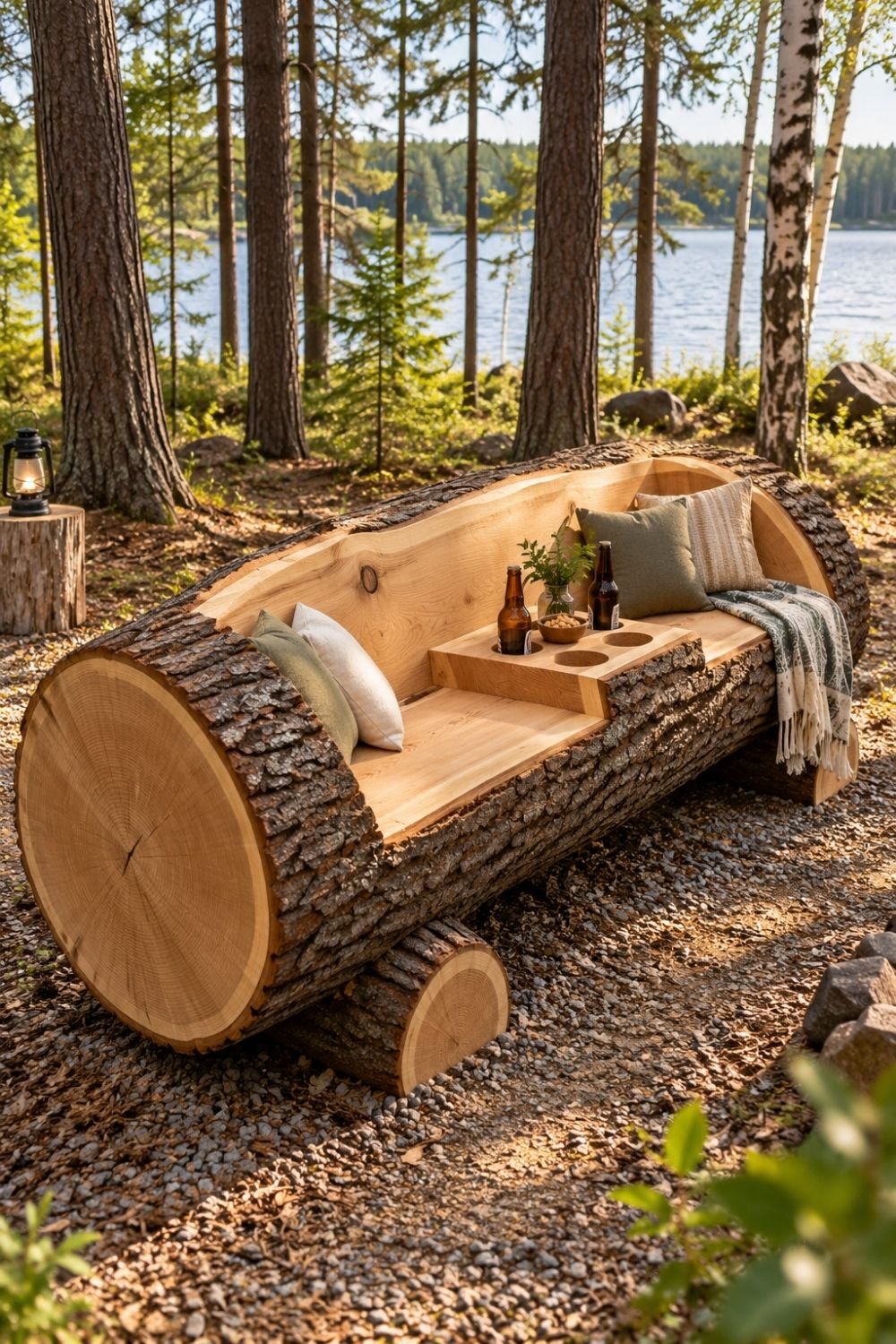 22. Carved Tree Log Forms a Cozy DIY Bench Overlooking a Peaceful Forest Lake