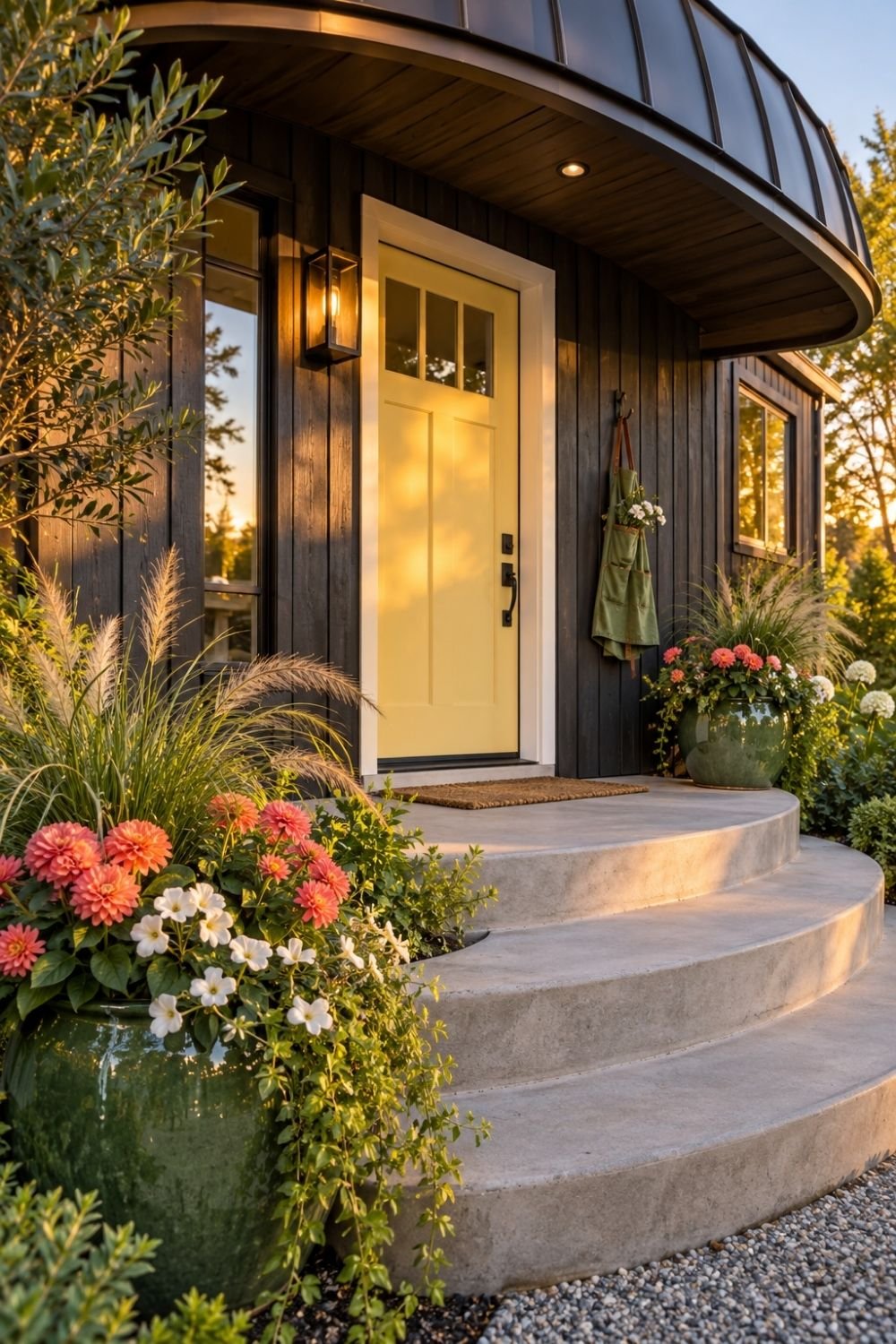 22. Contemporary Outside Entryway Pairs a Sunny Yellow Door with Curved Concrete Stairs and Oversized Floral Pots