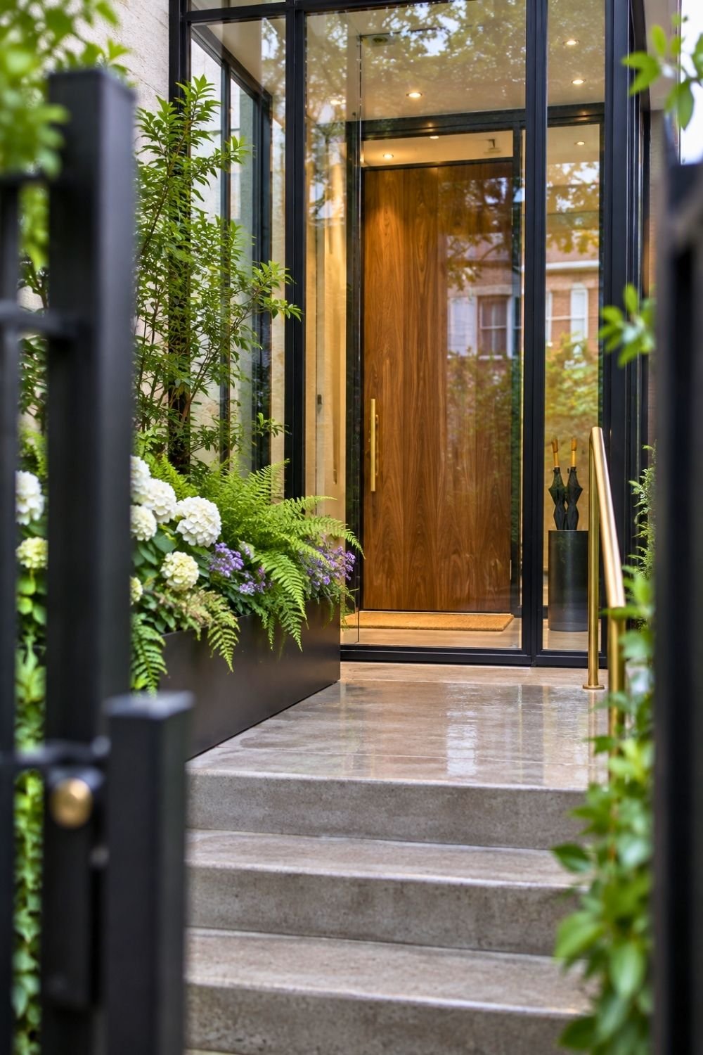 23. Modern Front Entryway Features a Tall Wood Door, Glass Foyer, Polished Stone Stairs, and Lush Black Planters
