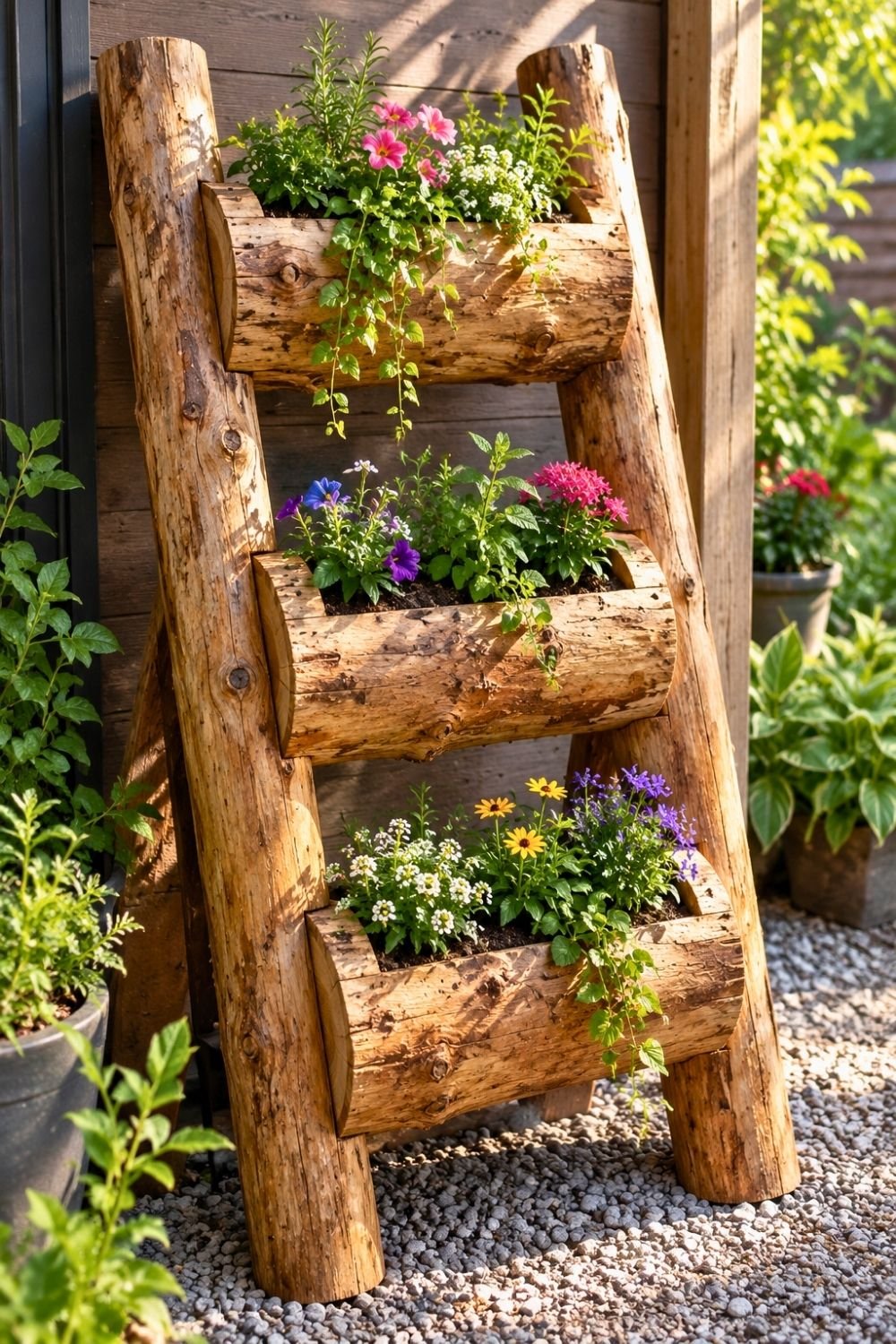 23. Stacked Log Planters Display Colorful Flowers and Herbs in a Rustic DIY Garden Stand