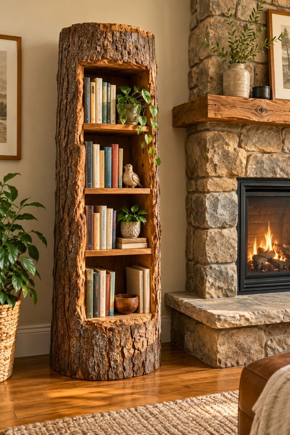 24. Repurposed Hollow Log Creates a Tall DIY Bookcase Beside a Cozy Stone Fireplace