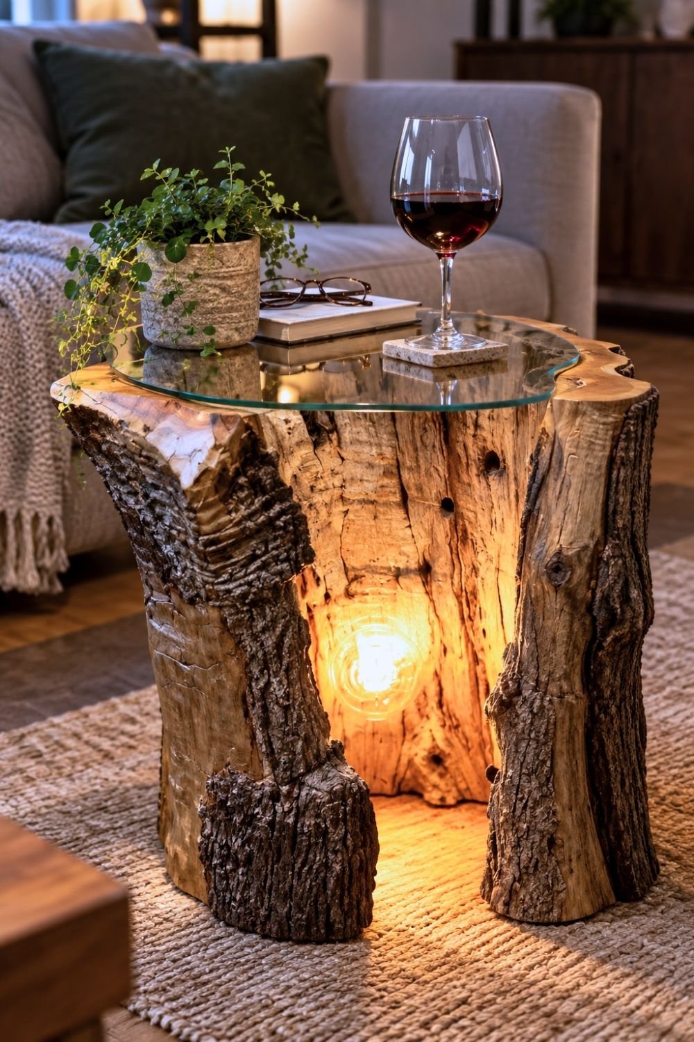 25. Illuminated Hollow Log Forms a Unique DIY Glass-Top Side Table for a Cozy Living Room