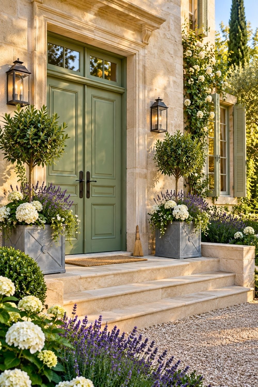 3. French Country Front Entrance Showcases Sage Double Doors, Stone Stairs, and Lavender Planters