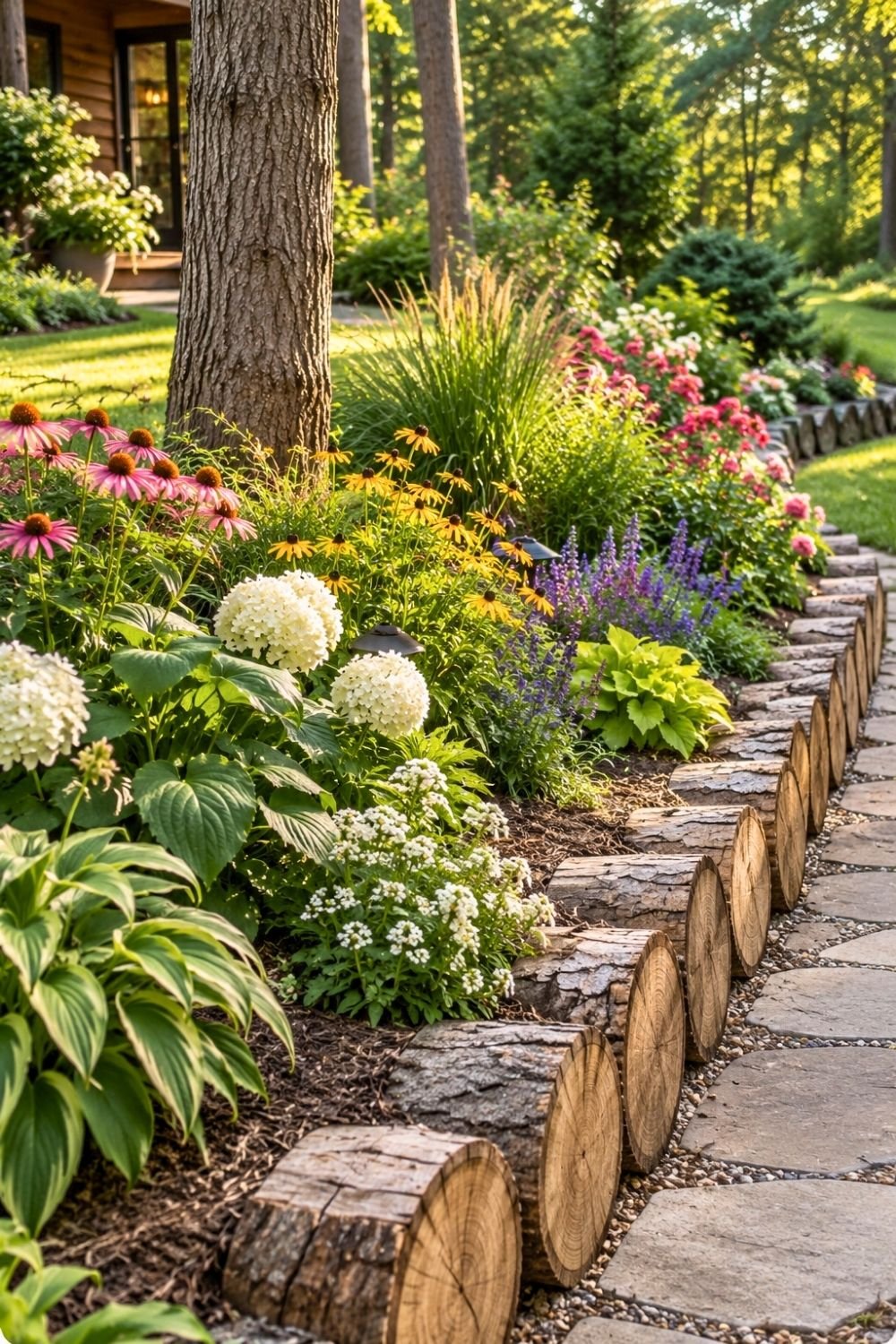 3. Upright Log Pieces Create a Rustic DIY Border Along a Bright Perennial Garden Path