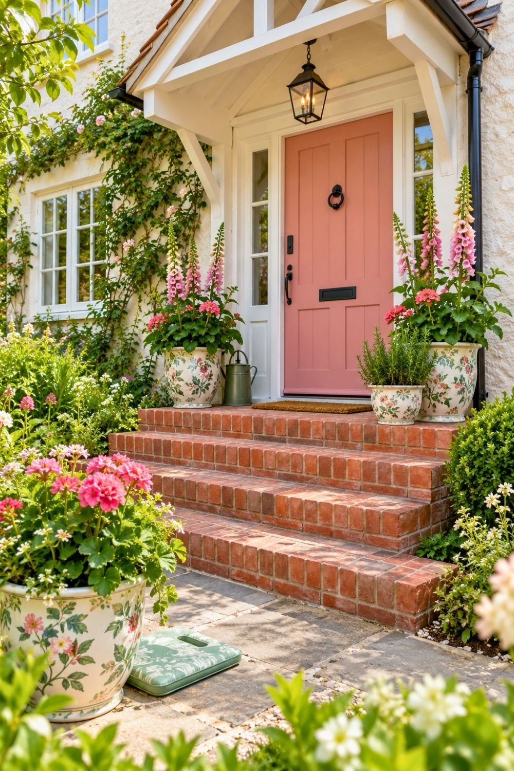 4. Cottage Front Porch Entryway Welcomes Guests with a Coral Door, Brick Stairs, and Floral Pots