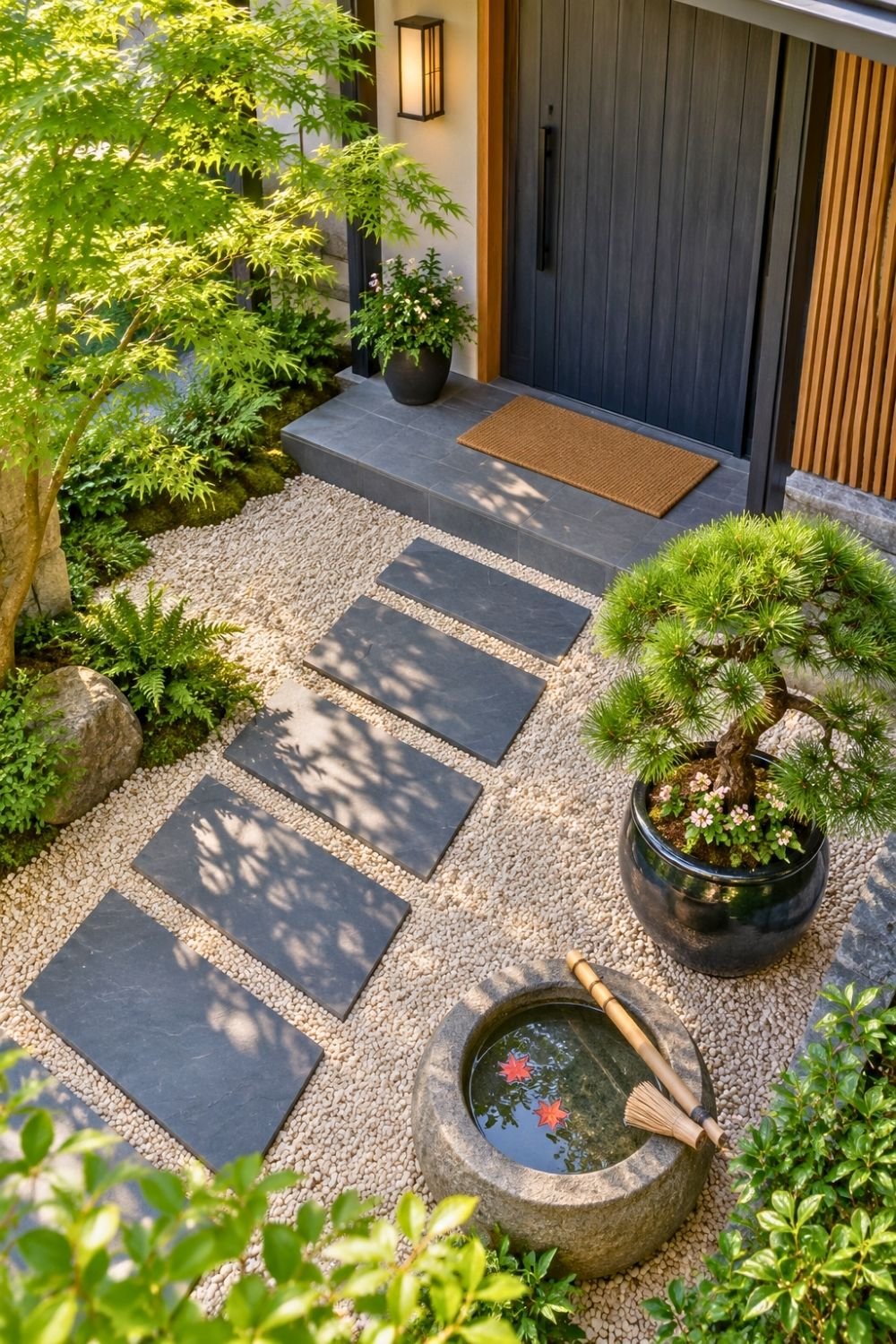 5. Japanese-Inspired Outdoor Entryway Creates a Serene Path with Slate Stepping Stones and Bonsai Planters