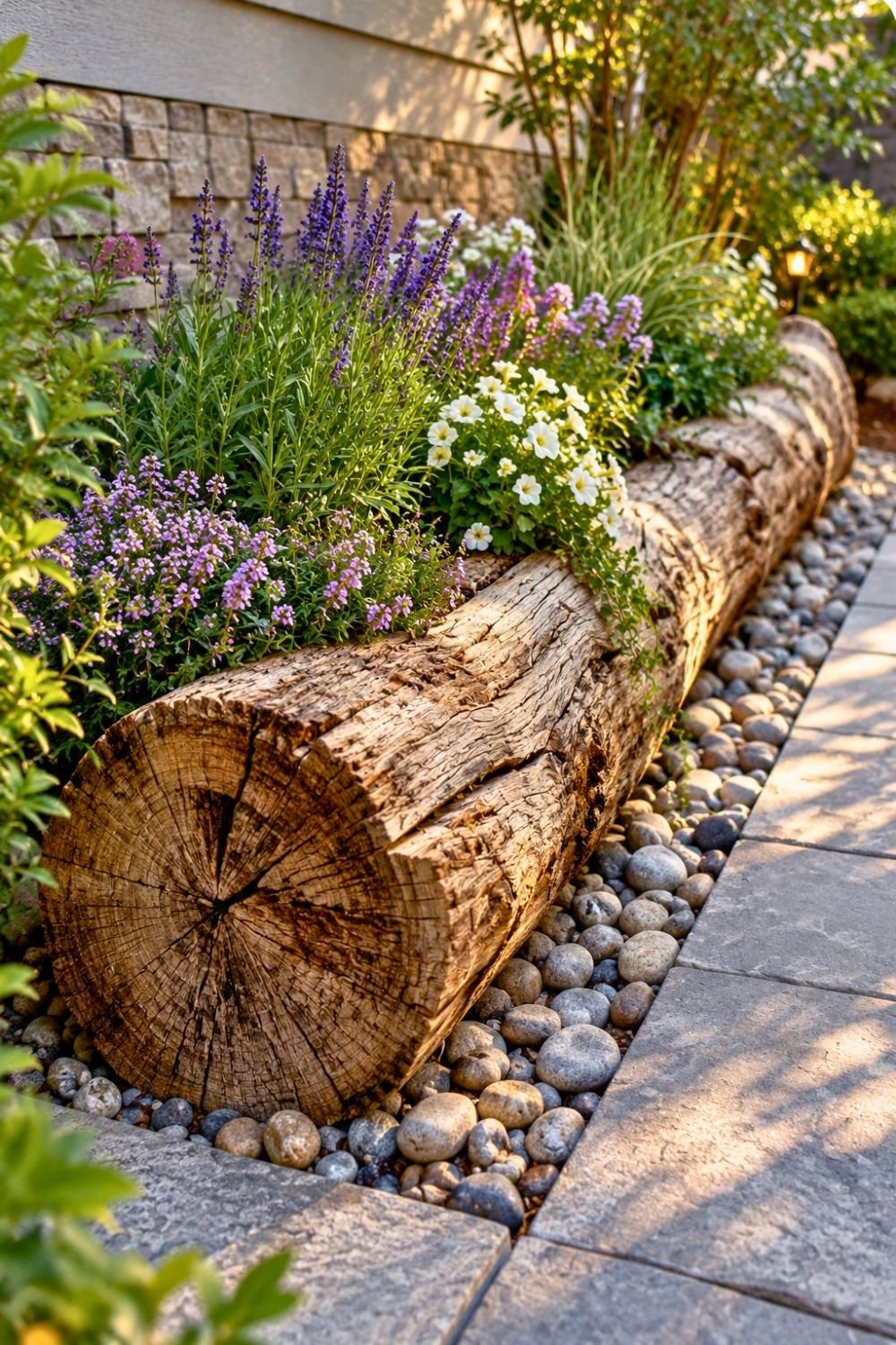 5. Weathered Tree Logs Frame a Lavender-Filled Garden Bed Beside a Stone Walkway