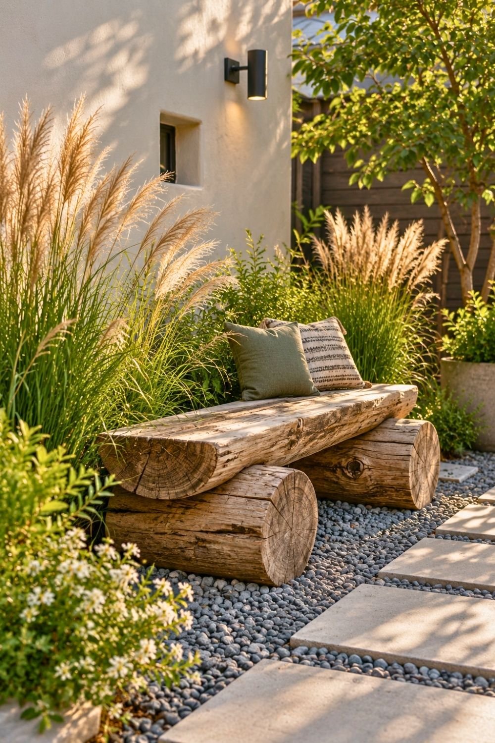 6. Chunky Log Bench Creates a Cozy DIY Resting Spot Among Tall Grasses and Greenery