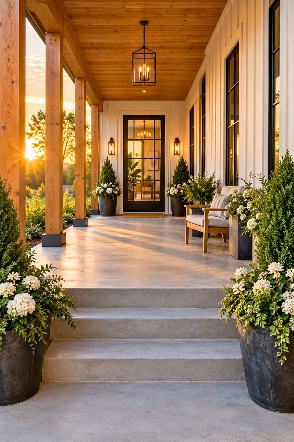 6. Long Modern Farmhouse Front Porch Features a Black Glass Door, Warm Wood Ceiling, and Oversized Flower Planters