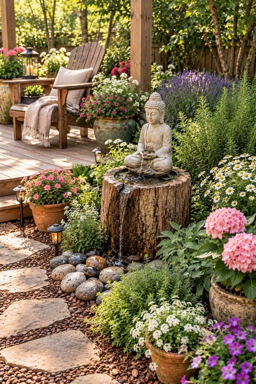 7. Carved Tree Stump Fountain Adds a Peaceful DIY Water Feature to a Colorful Backyard Garden