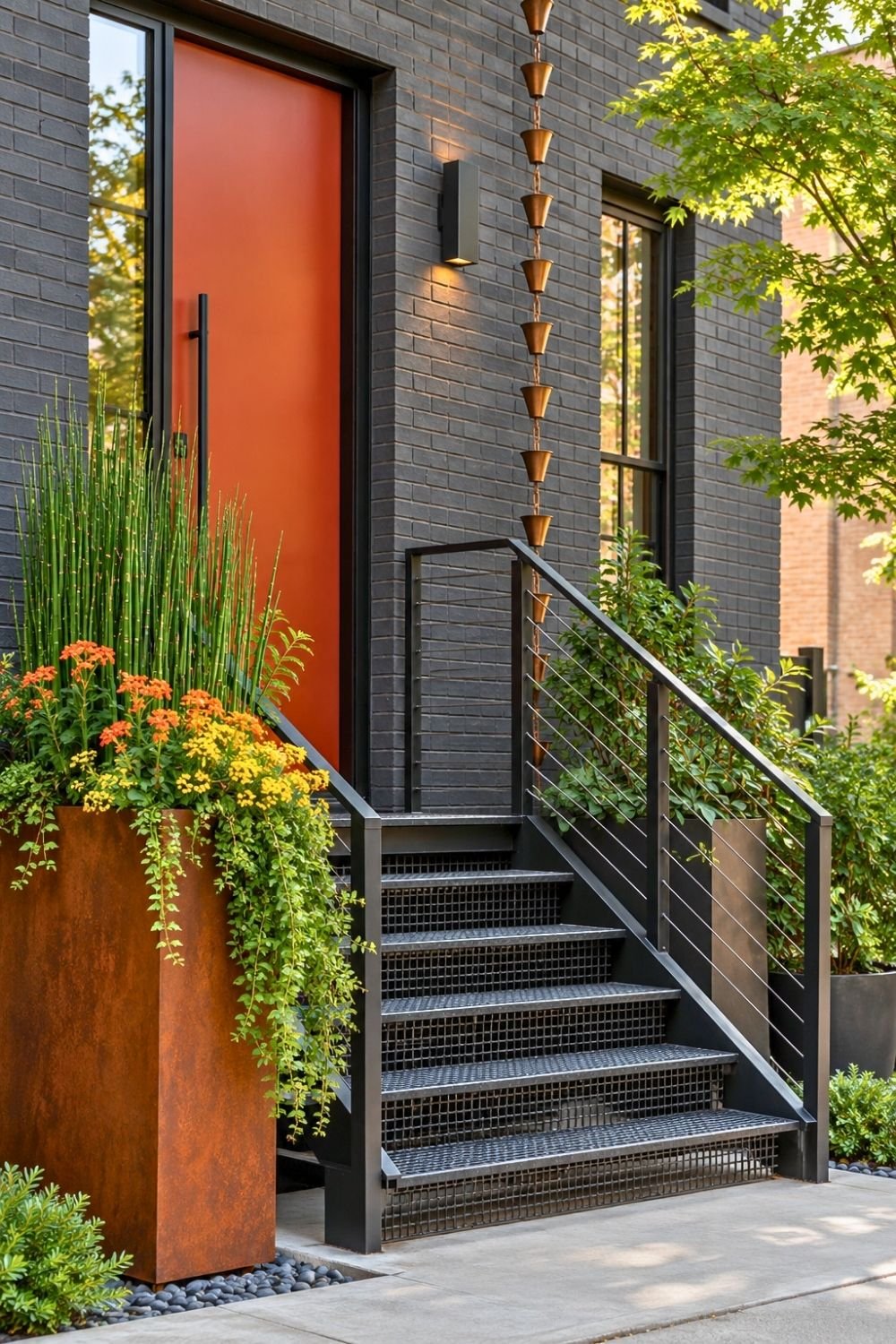 7. Industrial Outside Front Entryway Pairs a Bold Orange Door with Black Metal Stairs and a Tall Rusted Planter