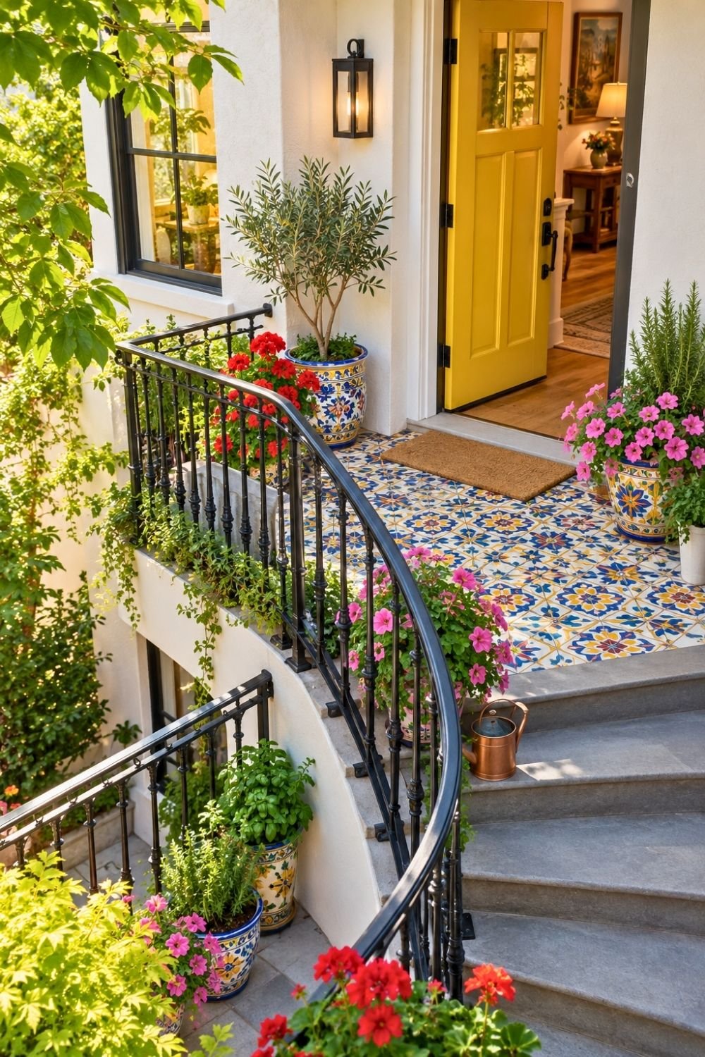 8. Colorful Mediterranean Home Entrance Features a Yellow Door, Curved Outdoor Stairs, and Patterned Floral Pots