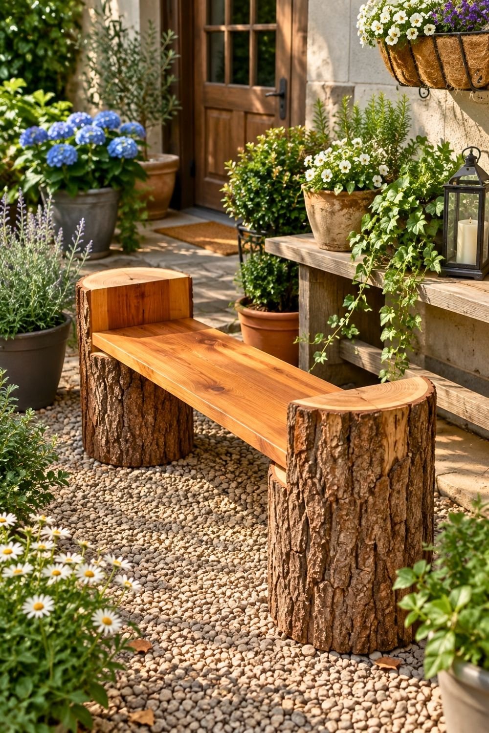 8. Solid Log Posts Support a Handmade DIY Wooden Bench Along a Flower-Filled Garden Entry