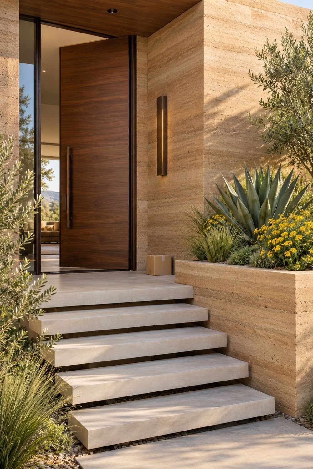 9. Contemporary Outdoor Entryway Combines a Tall Wood Door, Floating Stone Stairs, and Desert Landscaping