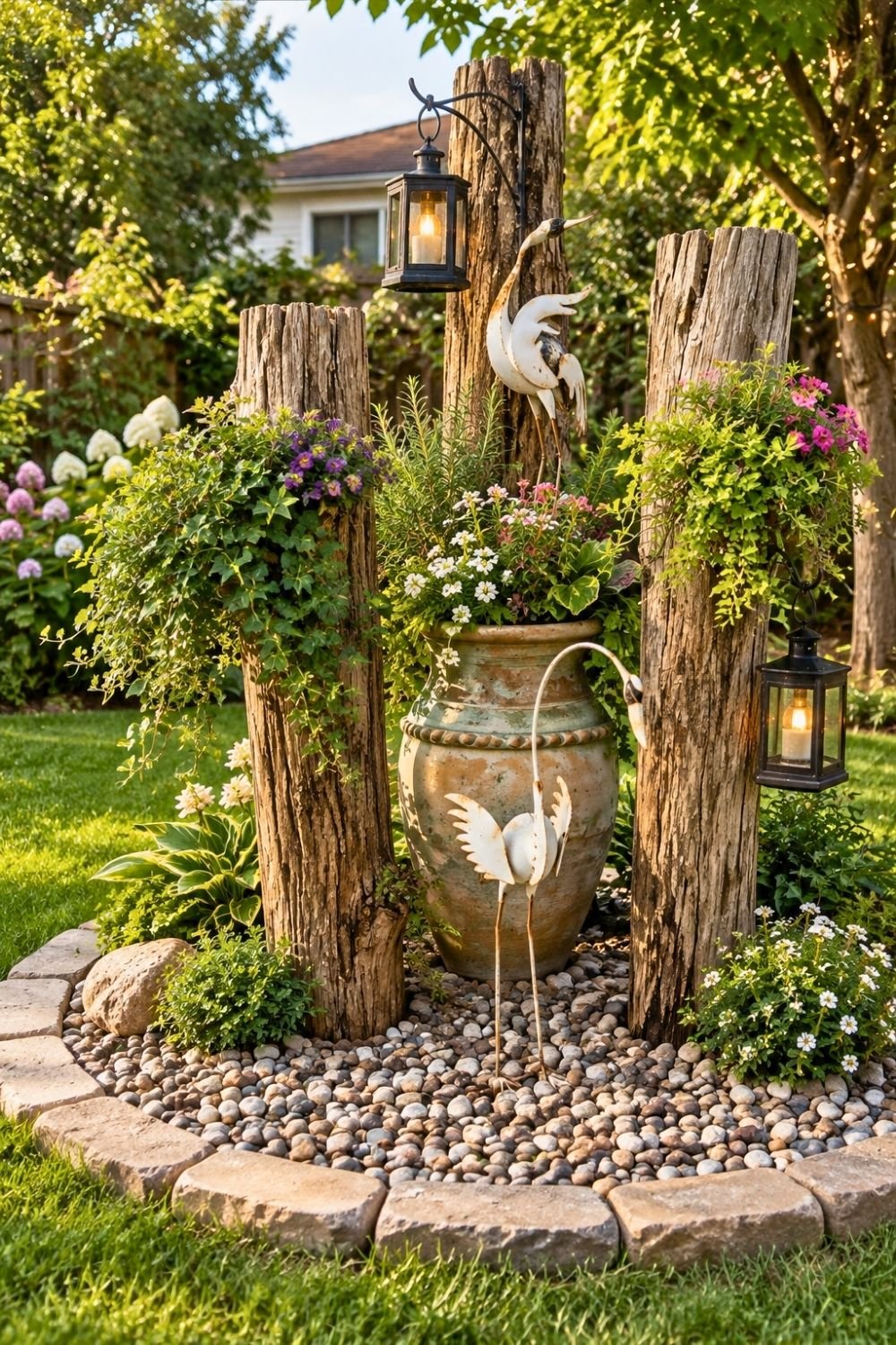 9. Weathered Log Posts Display Hanging Lanterns and Floral Accents in a Creative DIY Garden Feature